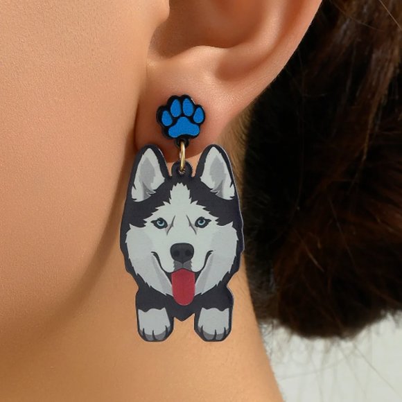 chichigems Jewelry - Adorable Siberian Husky Dog Canine Acrylic Dangle Earrings NEW